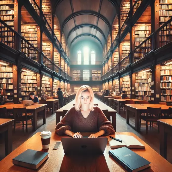 Frau mit blonden Haaren in einer Bibliothek