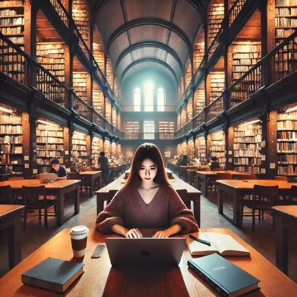 Frau mit dunklen Haaren in einer Bibliothek